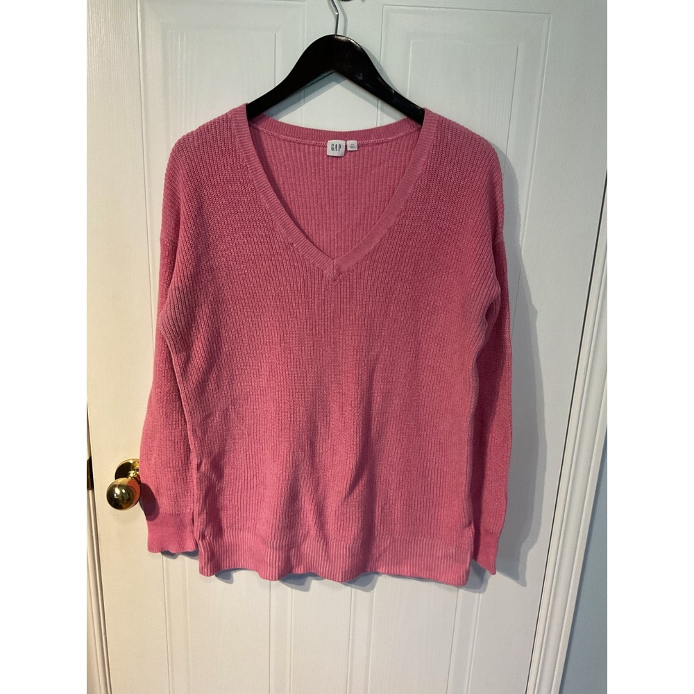 GAP V-Neck Sweater Womens Large Pink Excellent Shaker Stitch Knit Pullover